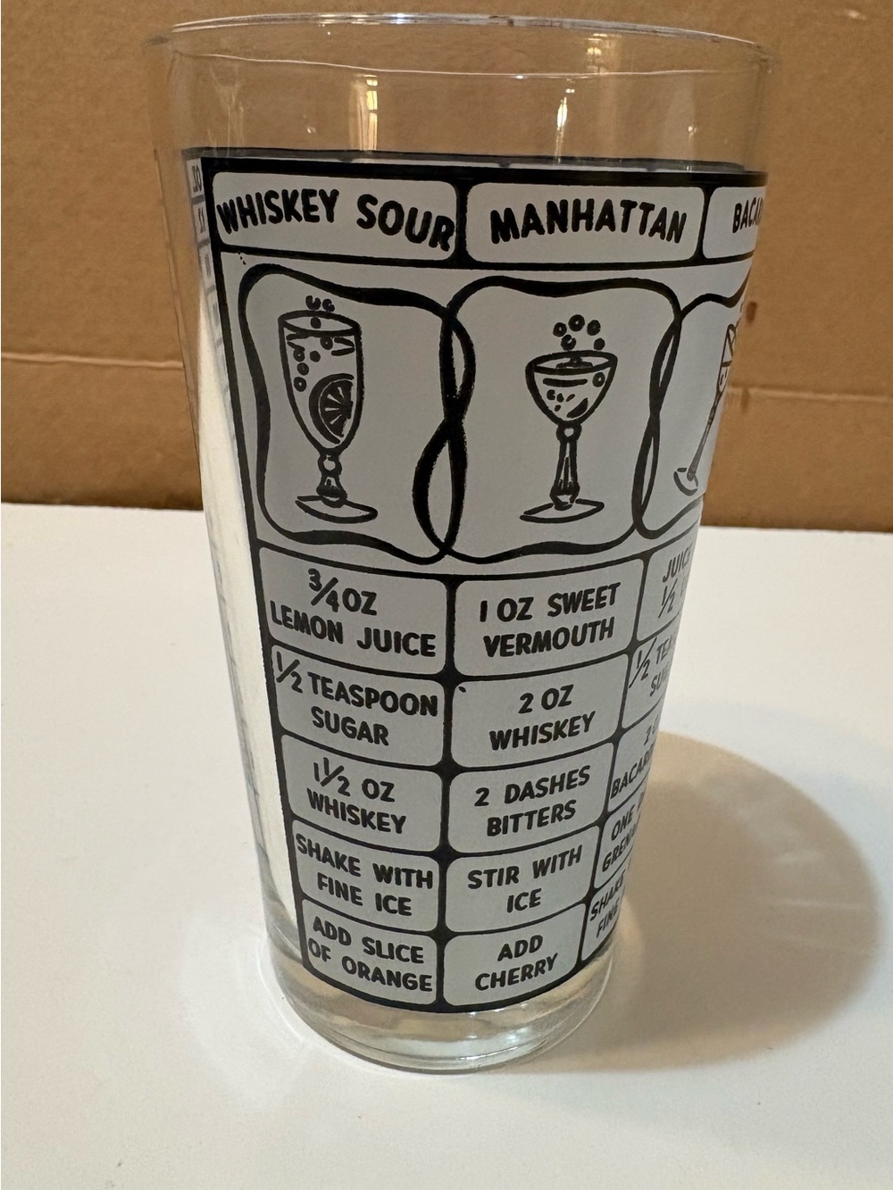 Vintage Midcentury Frosted Glass
Measuring Shaker Tumbler w/Cocktail Recipes, 6”